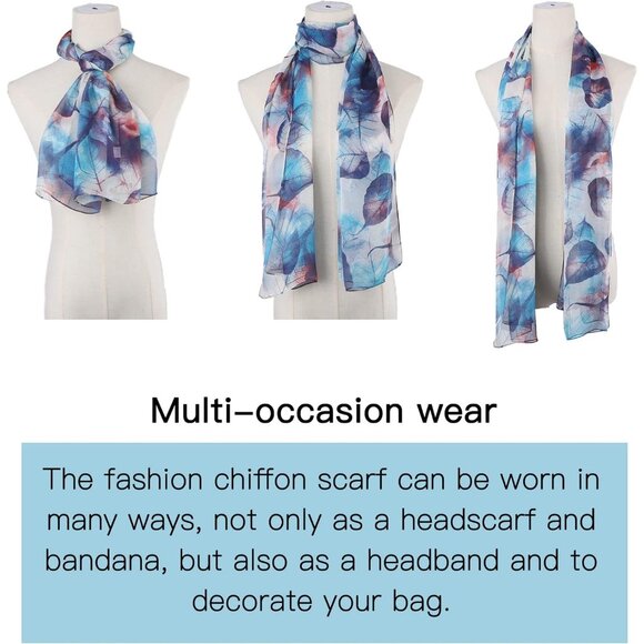 Women's Navy+orange Fashion Lightweight Head Scarf Floral Print Chiffon Scarves - Picture 4 of 7
